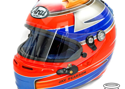 Orange and Blue custom painted helmet for Ultimate Karting Championship driver Jay Pearson