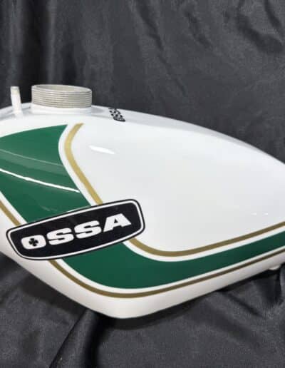 pictured is a restored aluminium trials bike tank from a 1970's Ossa Motorcycle
