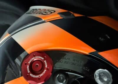 Custom painted Shark Race-R Pro trackday helmet in orange black and white, X-Paint Camberley