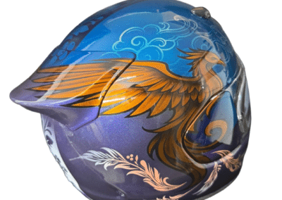 Arai Quantic motorcycle helmet custom painted as gift commission with phoenix and feather airbrush design, X-Paint UK