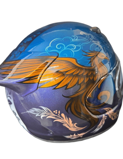 Arai Quantic motorcycle helmet custom painted as gift commission with phoenix and feather airbrush design, X-Paint UK
