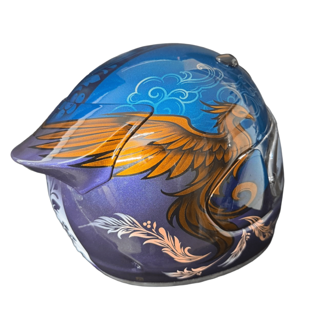 Arai Quantic motorcycle helmet custom painted as gift commission with phoenix and feather airbrush design, X-Paint UK