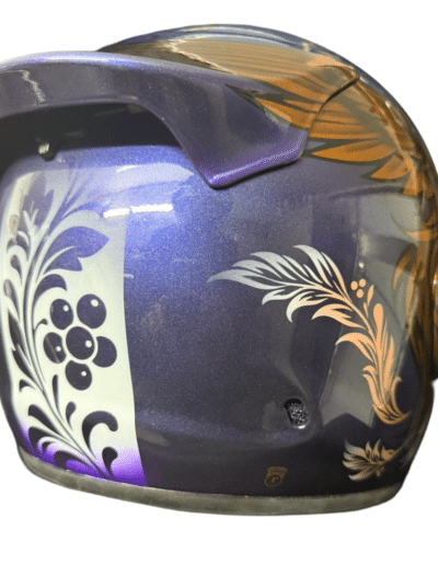 Arai Quantic helmet custom painted with Russian botanical folk art panel in black and violet on white, gold phoenix detail above