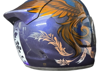 Bespoke Arai Quantic helmet with hand painted Russian Khokhloma panel, violet and blue metallic custom paint by X-Paint