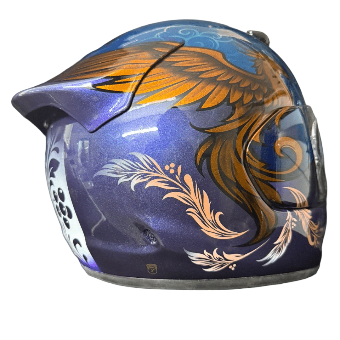 Bespoke Arai Quantic helmet with hand painted Russian Khokhloma panel, violet and blue metallic custom paint by X-Paint