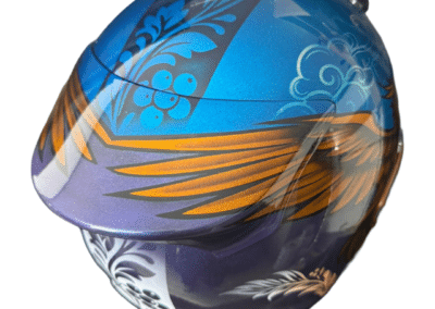 Rear detail of Arai Quantic custom helmet featuring Khokhloma style berries and leaves in deep violet on white, X-Paint UK