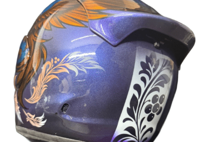 Custom painted Arai Quantic helmet featuring gold phoenix on blue metallic base with Russian Khokhloma folk art detail