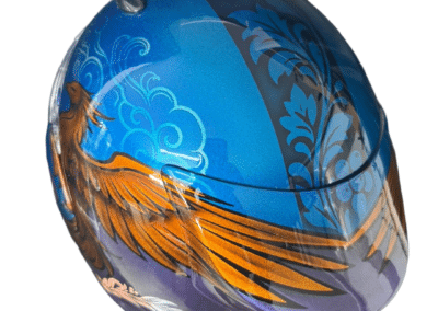 Arai Quantic helmet custom painted as a gift commission, phoenix design in gold on deep blue metallic by X-Paint