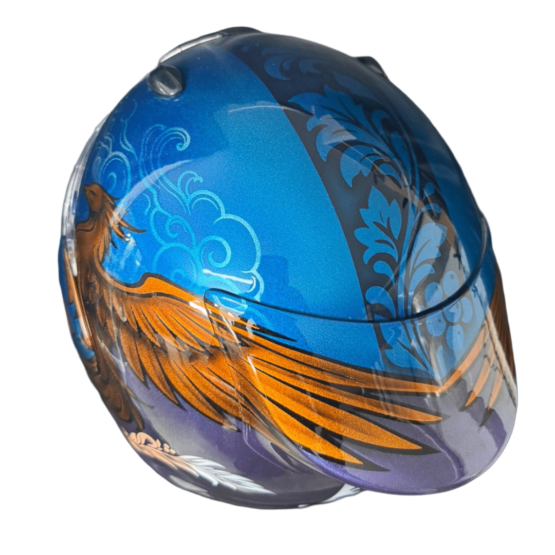 Arai Quantic helmet custom painted as a gift commission, phoenix design in gold on deep blue metallic by X-Paint