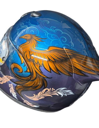 Rear view of custom painted Arai Quantic helmet showing traditional Russian Khokhloma botanical design in violet and black on white panel