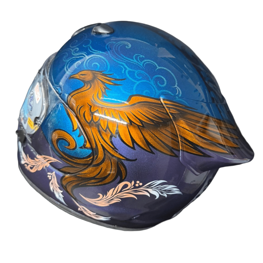 Rear view of custom painted Arai Quantic helmet showing traditional Russian Khokhloma botanical design in violet and black on white panel
