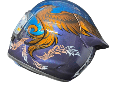 Gold phoenix airbrush design on Arai Quantic helmet with cobalt blue metallic base, custom painted by X-Paint