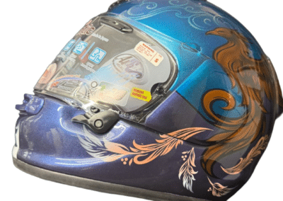 Arai Quantic custom painted motorcycle helmet with gold phoenix and deep blue to violet metallic fade, X-Paint UK