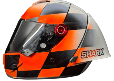 Custom motorcycle helmet paint Shark Race-R Pro, orange chequerboard, X-Paint Surrey this year