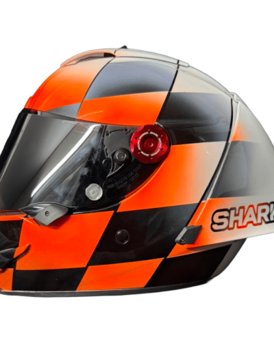 Custom motorcycle helmet paint Shark Race-R Pro, orange chequerboard, X-Paint Surrey this year