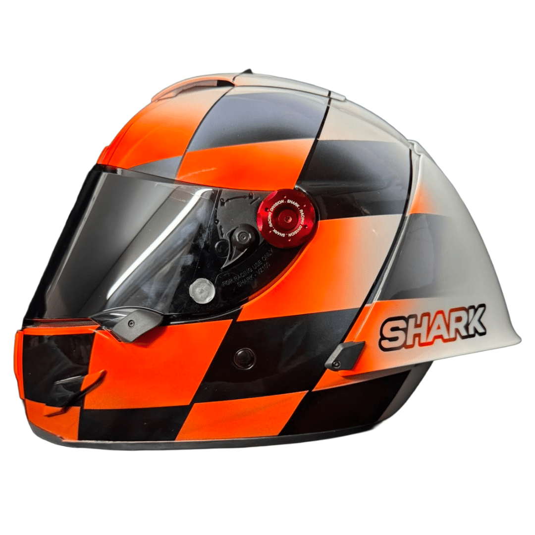 Custom motorcycle helmet paint Shark Race-R Pro, orange chequerboard, X-Paint Surrey this year