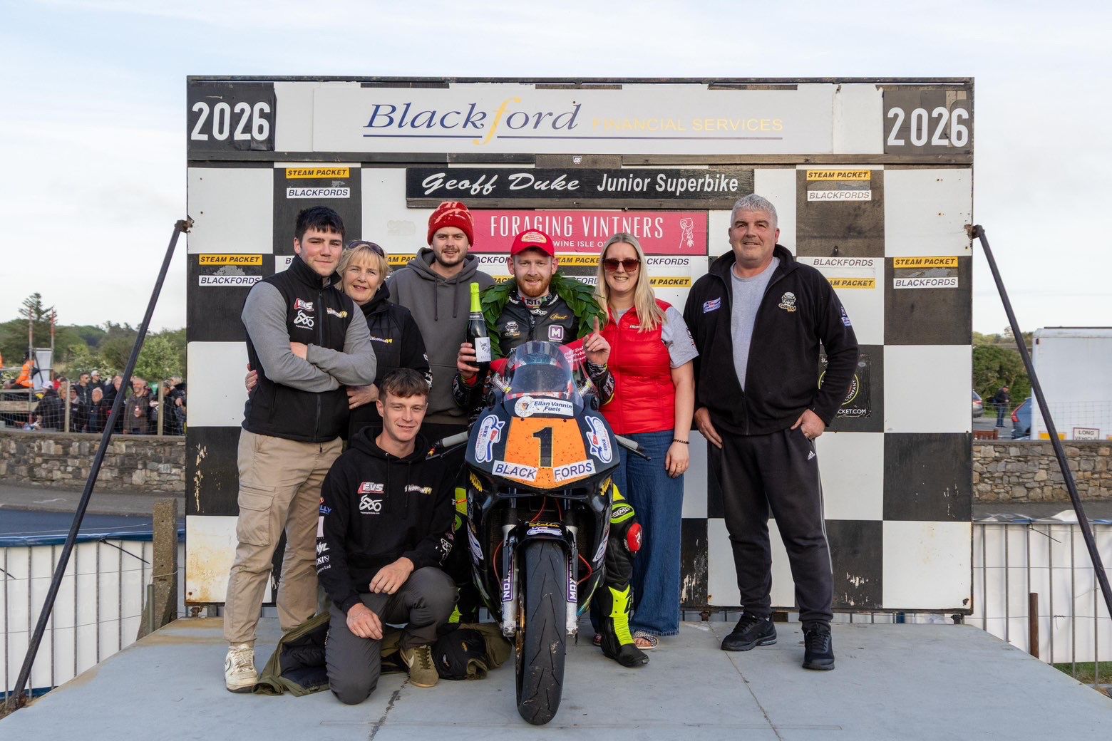 Grant Thomson on the podium after winning the Geoff Duke Junior Superbike race at the Pre-TT Classic 2026