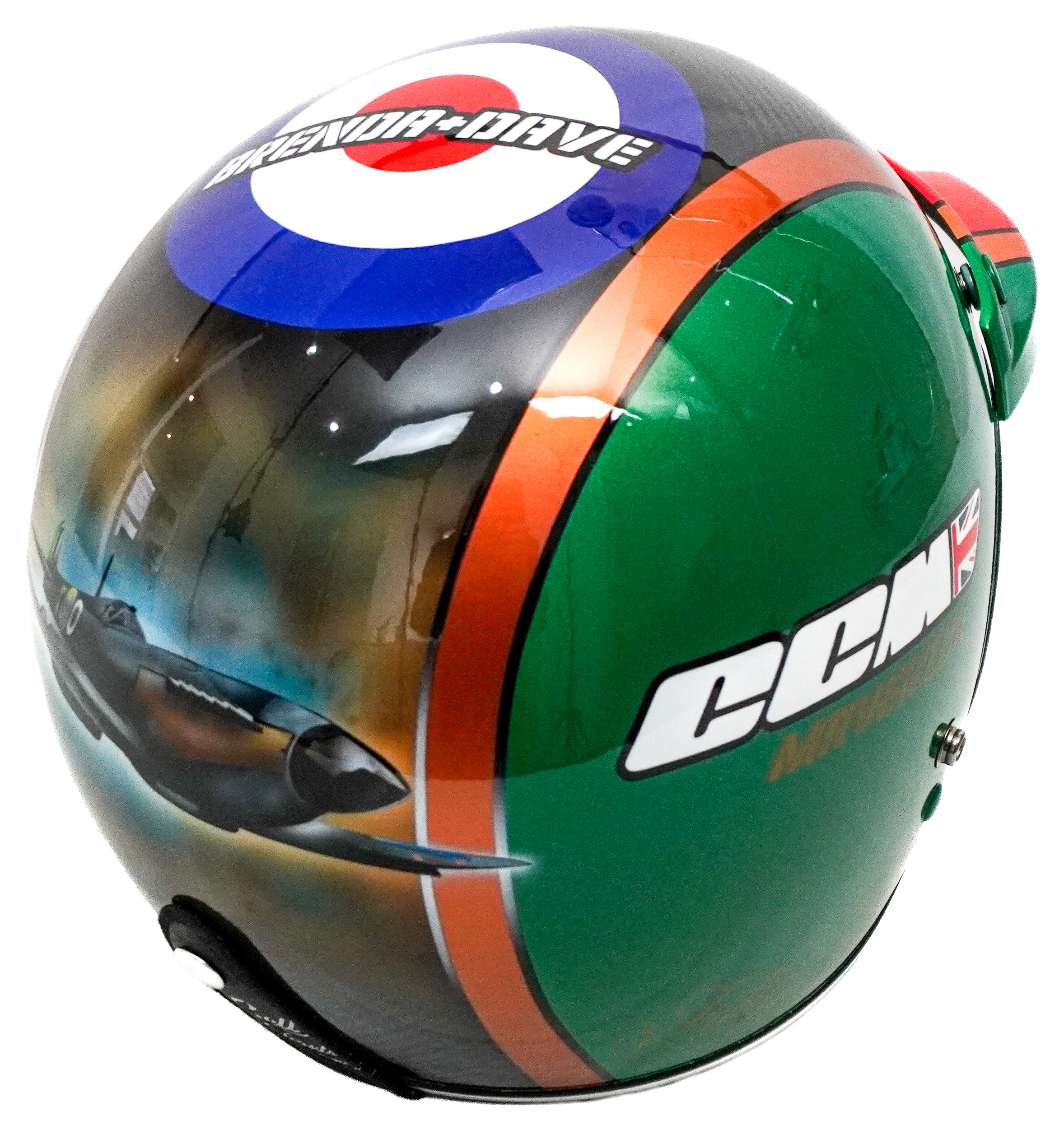 Bespoke Bell motorcycle helmet featuring hand airbrushed Spitfire artwork by X-Paint UK. Custom helmet paint and airbrush specialist.
