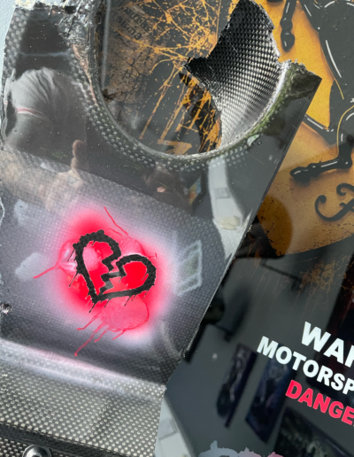 Broke Tings Ferrari 488 salvaged carbon fibre wall art with broken heart motif, full piece